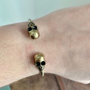 Gold Brass Double Skull Brass Cuff Bangle Bracelet